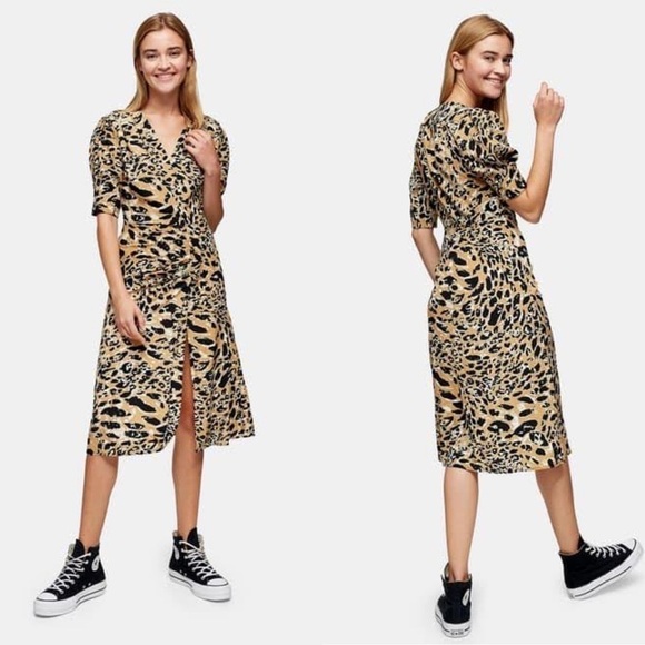 Topshop Leopard Print Dress With Slit, Pleats and Short Sleeves US Size 2 - Picture 2 of 14